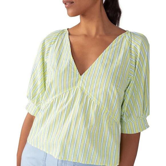 Sanctuary V-Neck Striped Puff 3/4 Sleeve Poplin Blouse Green L - Picture 1 of 9